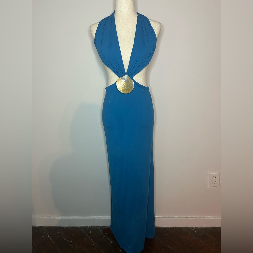 PEPPERMAYO Blue Halter Neck Tie Backless Maxi Dress w/Large Shell